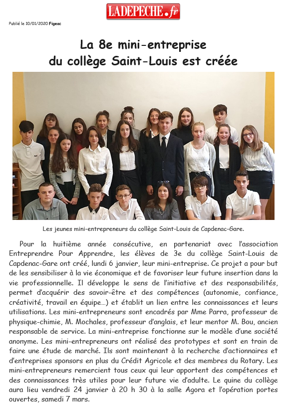 La 8e mini-entreprise du collège Saint-Louis est créée  (La Dépêche Figeac 10 01 2020).png